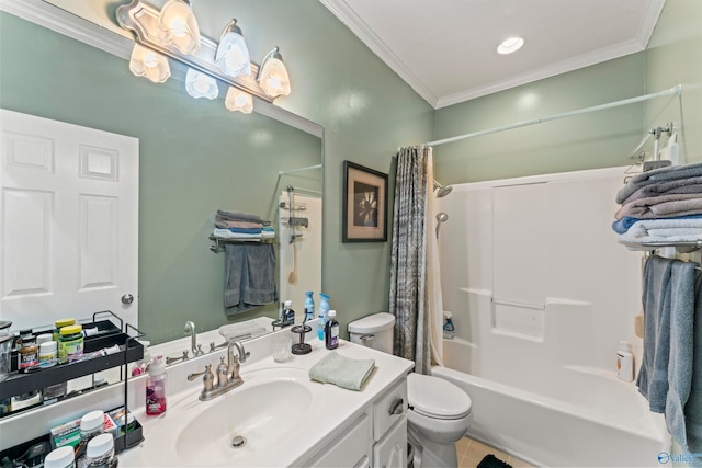 full bathroom with toilet, tile patterned flooring, shower / bath combination with curtain, crown molding, and vanity