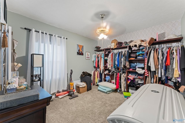 walk in closet with carpet floors and ceiling fan