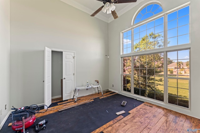 workout area featuring ornamental molding, wood-type flooring, a high ceiling, and ceiling fan