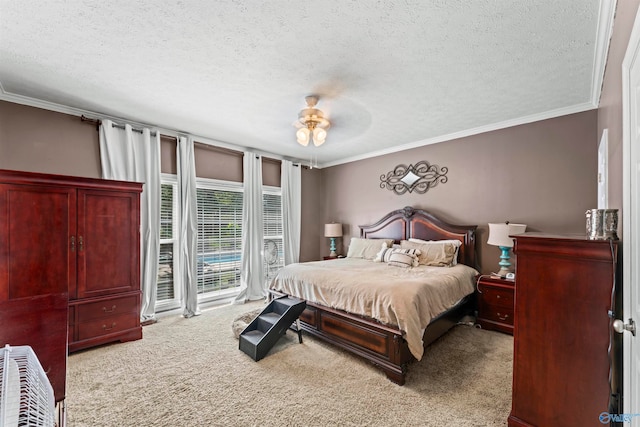 bedroom featuring access to exterior, light carpet, a textured ceiling, and ceiling fan