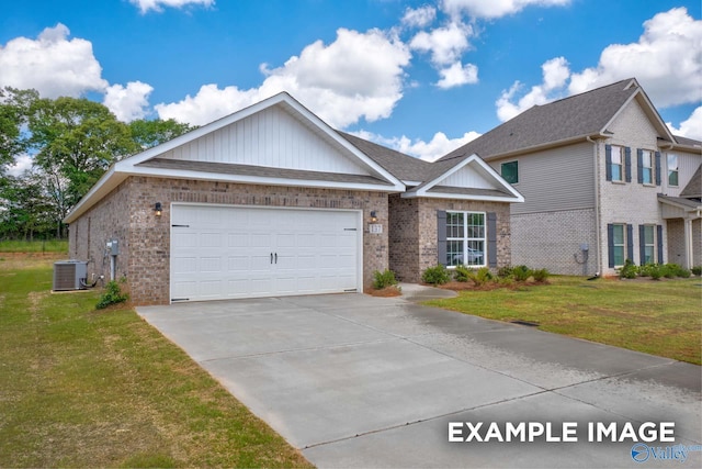 view of front facade with central AC unit, an attached garage, brick siding, driveway, and a front lawn