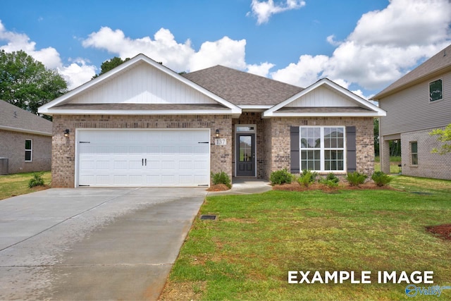 view of front of house with driveway, a garage, brick siding, central AC, and a front yard