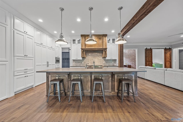 14 Blue Meadow Way, Gurley, AL 35748 - kitchen with white cabinetry, tasteful backsplash, dark wood finished floors, glass insert cabinets, and recessed lighting