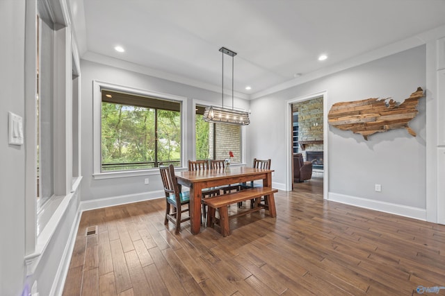 14 Blue Meadow Way, Gurley, AL 35748 - dining space with dark wood-style flooring, baseboards, recessed lighting, a fireplace, and ornamental molding