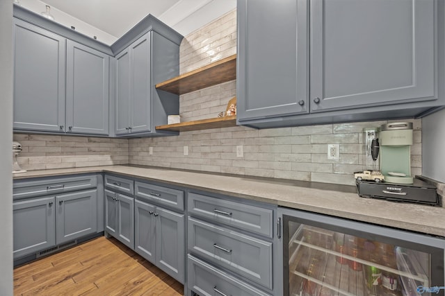 14 Blue Meadow Way, Gurley, AL 35748 - kitchen featuring gray cabinetry, beverage cooler, open shelves, and backsplash