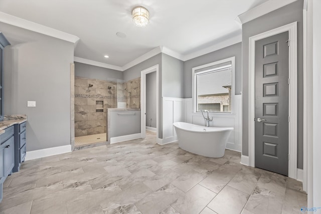 14 Blue Meadow Way, Gurley, AL 35748 - bathroom featuring walk in shower, marble look tiles, a freestanding tub, vanity, and crown molding