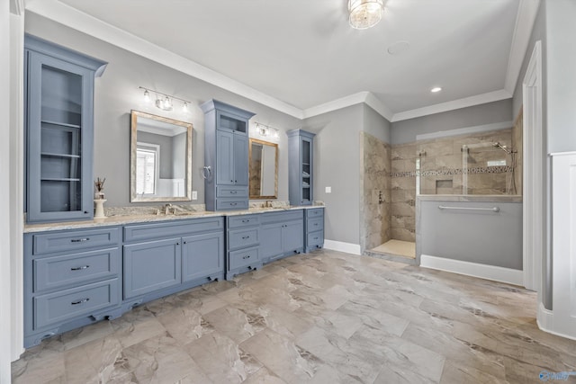 14 Blue Meadow Way, Gurley, AL 35748 - bathroom with double vanity, a walk in shower, ornamental molding, marble finish floors, and baseboards
