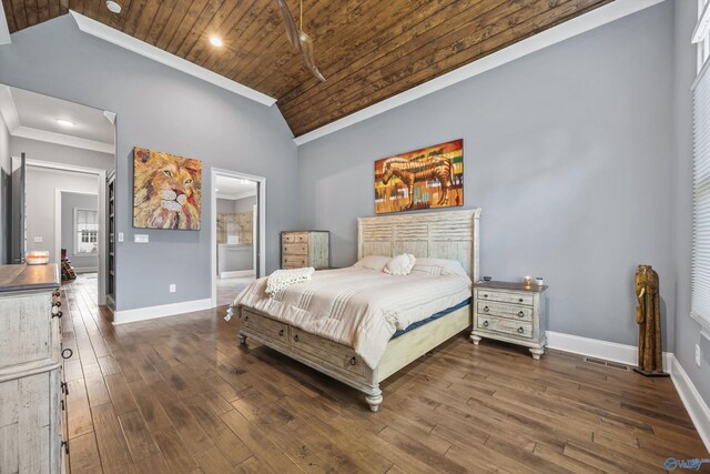 14 Blue Meadow Way, Gurley, AL 35748 - bedroom with wooden ceiling, baseboards, dark wood-style floors, ornamental molding, and high vaulted ceiling