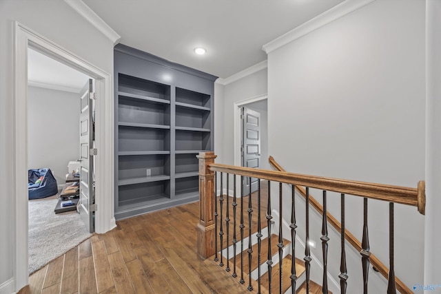 14 Blue Meadow Way, Gurley, AL 35748 - hall with ornamental molding, wood finished floors, an upstairs landing, and built in shelves