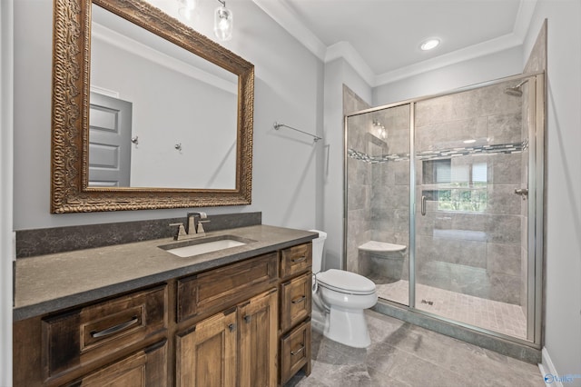 14 Blue Meadow Way, Gurley, AL 35748 - bathroom with toilet, crown molding, vanity, a shower stall, and recessed lighting