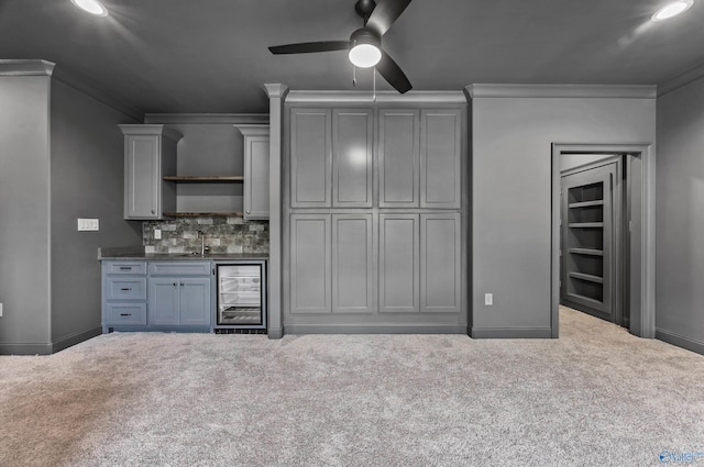 14 Blue Meadow Way, Gurley, AL 35748 - indoor wet bar with wine cooler, crown molding, carpet floors, ceiling fan, and baseboards