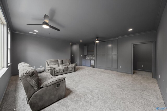 14 Blue Meadow Way, Gurley, AL 35748 - living area with a ceiling fan, ornamental molding, bar, baseboards, and carpet floors