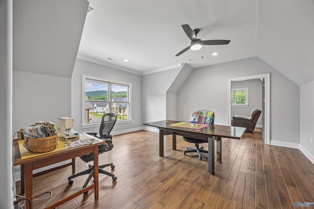 14 Blue Meadow Way, Gurley, AL 35748 - office featuring ceiling fan, baseboards, vaulted ceiling, dark wood-style floors, and recessed lighting