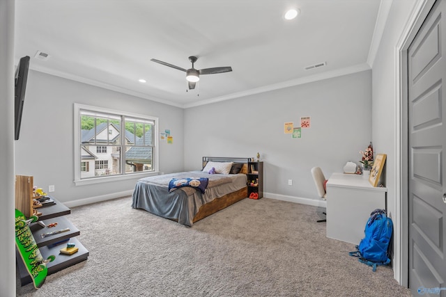 14 Blue Meadow Way, Gurley, AL 35748 - carpeted bedroom with ornamental molding, recessed lighting, baseboards, and ceiling fan