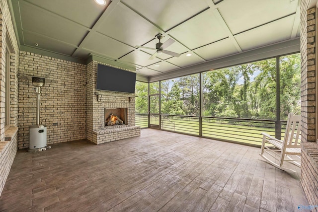 14 Blue Meadow Way, Gurley, AL 35748 - unfurnished sunroom featuring a brick fireplace, a ceiling fan, coffered ceiling, and healthy amount of natural light