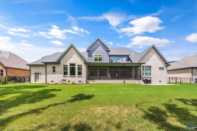 14 Blue Meadow Way, Gurley, AL 35748 - rear view of house featuring board and batten siding, a sunroom, brick siding, and crawl space