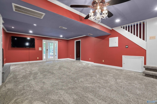 interior space featuring ornamental molding, ceiling fan, and carpet flooring