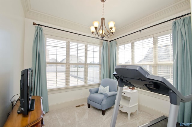 living area featuring baseboards, visible vents, carpet floors, an inviting chandelier, and crown molding