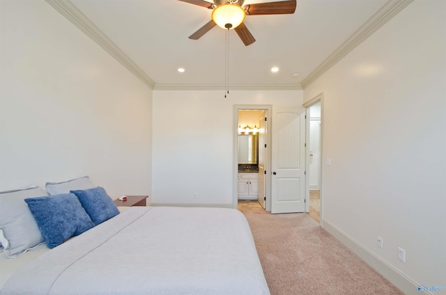 bedroom featuring light carpet, ornamental molding, ensuite bath, recessed lighting, and baseboards