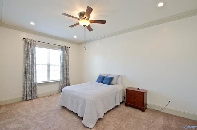 bedroom with recessed lighting, baseboards, light carpet, and ornamental molding