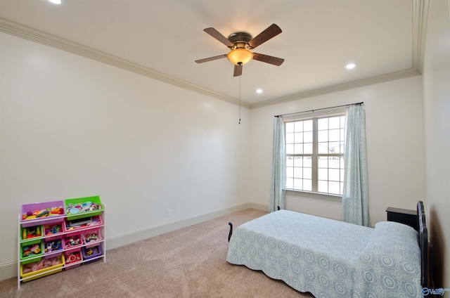 carpeted bedroom featuring recessed lighting, a ceiling fan, baseboards, and ornamental molding