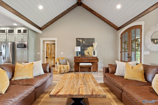 living room with french doors, light hardwood / wood-style floors, high vaulted ceiling, and wood ceiling