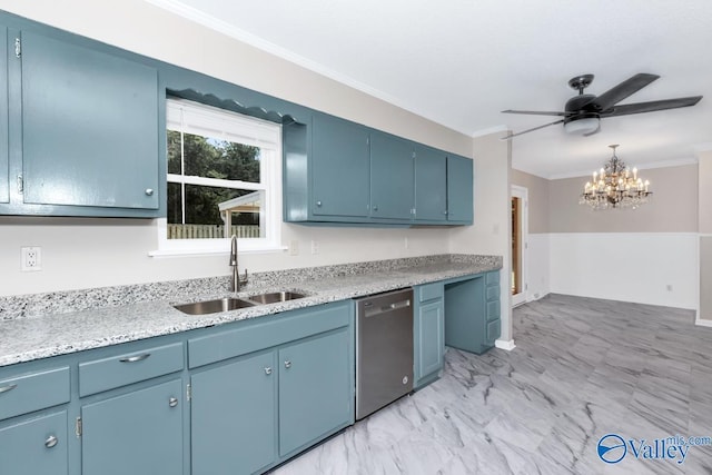 kitchen featuring sink, ceiling fan, dishwasher, ornamental molding, and blue cabinets