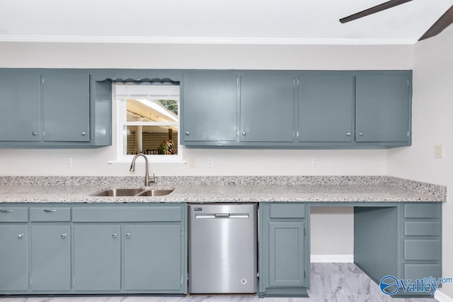 kitchen featuring dishwasher, sink, ceiling fan, and ornamental molding