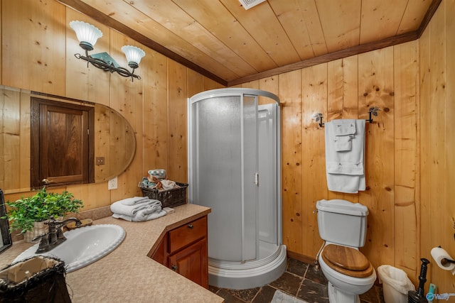 bathroom with wood ceiling, an enclosed shower, toilet, vanity, and wood walls