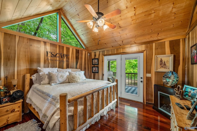 bedroom featuring wooden walls, dark hardwood / wood-style flooring, access to outside, ceiling fan, and wooden ceiling