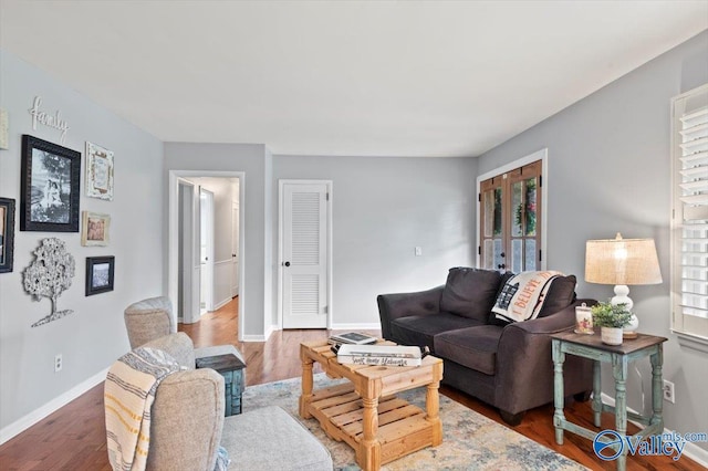 living area featuring baseboards, french doors, and wood finished floors