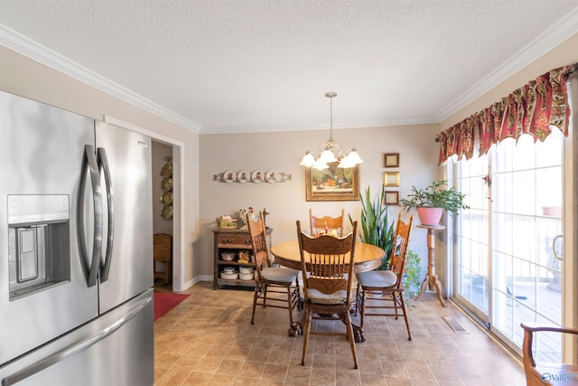 dining area with a chandelier, visible vents, crown molding, and a textured ceiling