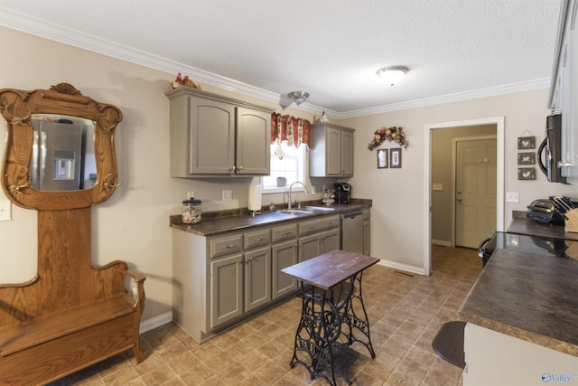 kitchen with dishwasher, dark countertops, gray cabinetry, black microwave, and a sink