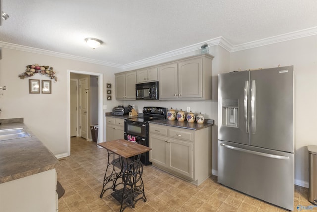 kitchen featuring a textured ceiling, black appliances, dark countertops, and crown molding