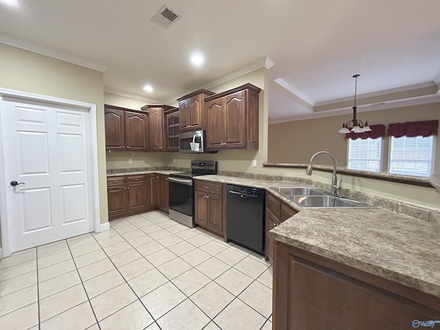 kitchen featuring dark brown cabinetry, sink, hanging light fixtures, appliances with stainless steel finishes, and ornamental molding