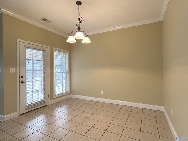 interior space with crown molding, light tile patterned flooring, and an inviting chandelier