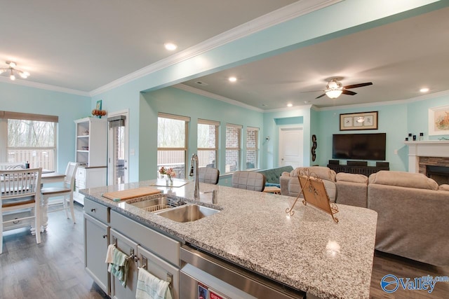 kitchen with dark wood-style floors, a center island with sink, a sink, stainless steel dishwasher, and open floor plan