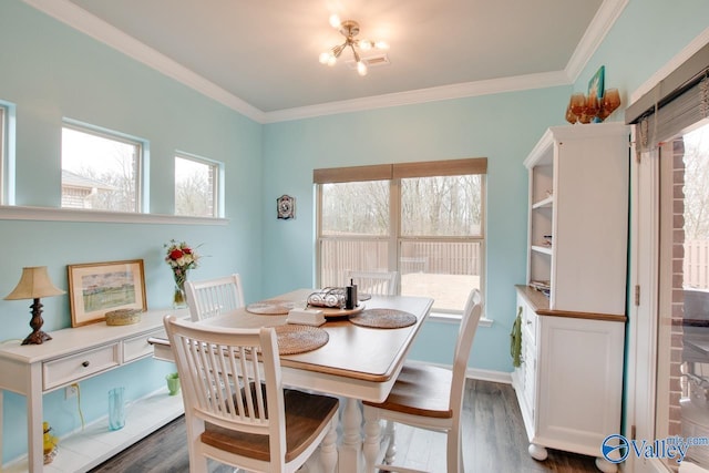 dining room featuring a healthy amount of sunlight, wood finished floors, and ornamental molding