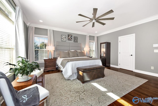 bedroom featuring ceiling fan, recessed lighting, baseboards, ornamental molding, and dark wood finished floors