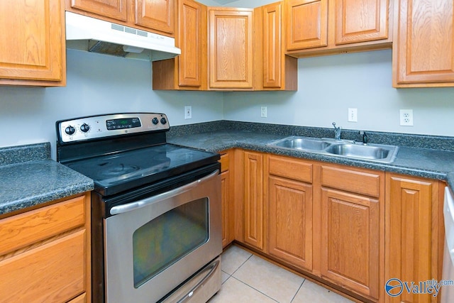 4114 Triana Blvd, Huntsville, AL 35802 - kitchen featuring stainless steel range with electric stovetop, under cabinet range hood, dark countertops, and light tile patterned flooring