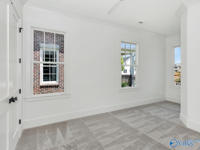 unfurnished room with crown molding and light colored carpet