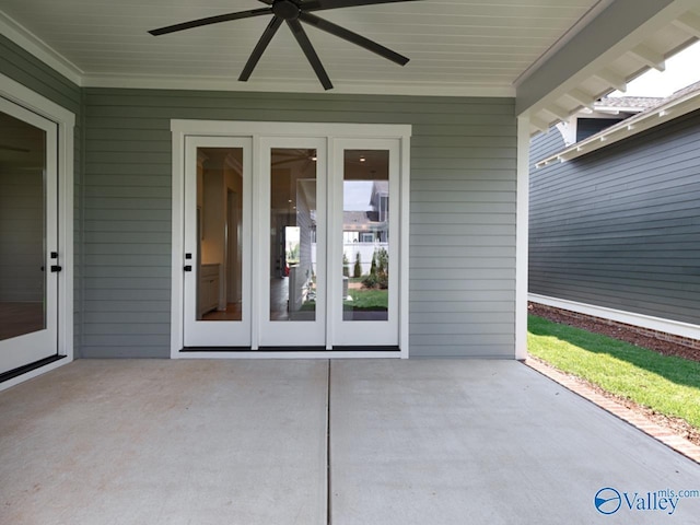 view of patio with french doors and ceiling fan