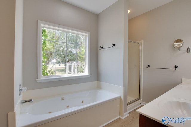 full bath with a healthy amount of sunlight, a shower stall, a whirlpool tub, and a sink
