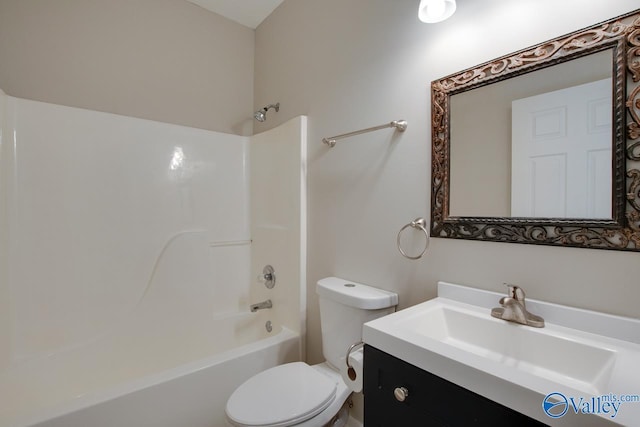 full bathroom featuring toilet, shower / tub combination, and vanity