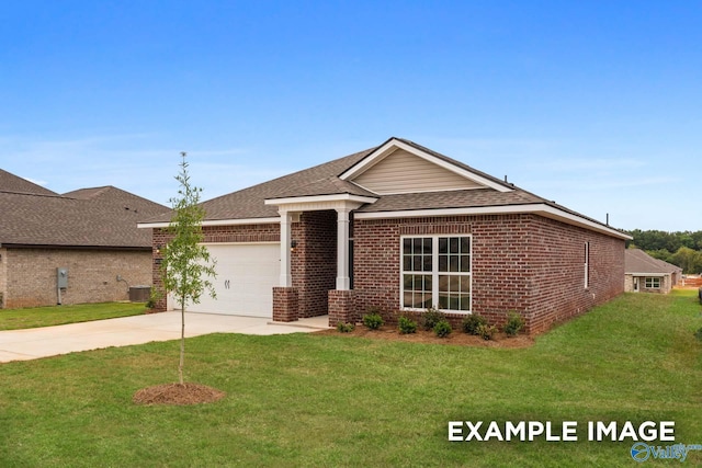 297 Keller Dr, Hazel Green, AL 35750 - single story home with driveway, a garage, central air condition unit, a front lawn, and brick siding
