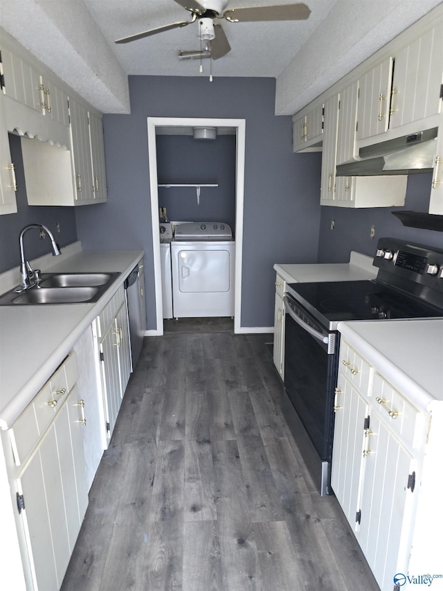 kitchen with separate washer and dryer, white cabinets, sink, range with electric stovetop, and stainless steel dishwasher