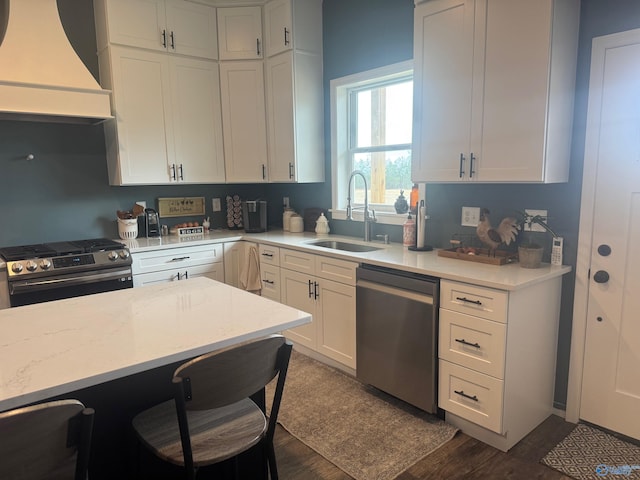 kitchen featuring sink, premium range hood, white cabinetry, appliances with stainless steel finishes, and dark hardwood / wood-style flooring