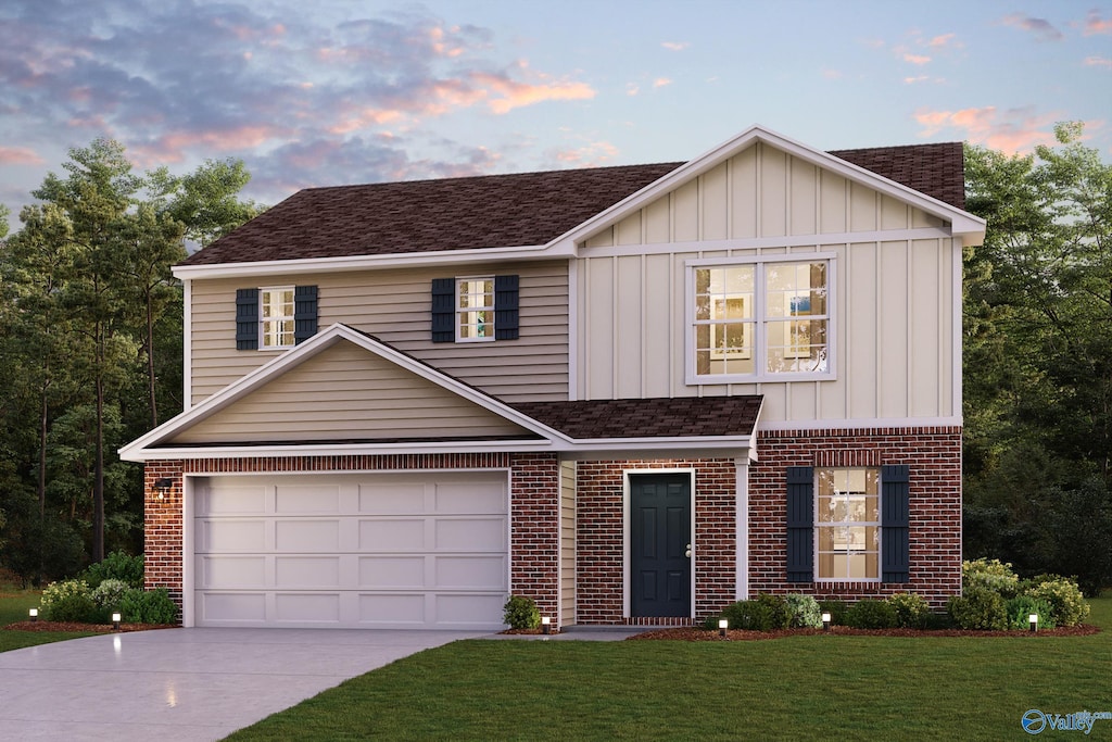 view of front of property featuring brick siding, a shingled roof, driveway, board and batten siding, and a front yard