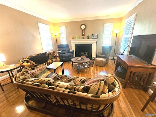 living room with a wealth of natural light, wood finished floors, and a fireplace