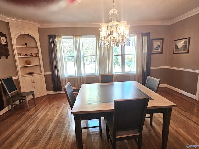 dining room with crown molding, built in features, dark wood-style floors, and baseboards